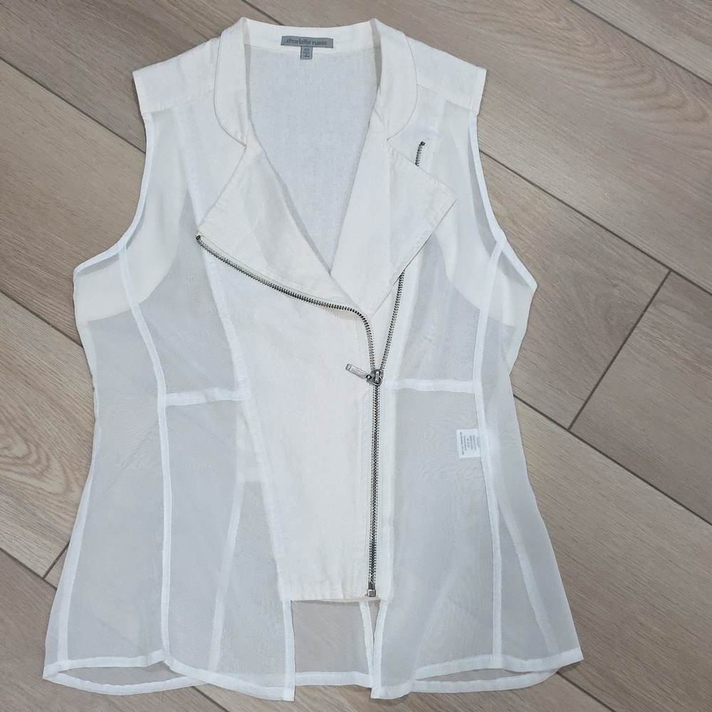 Unique Sleeveless Asymmetrical Zip Front Linen Fitted Sheer Panel Vest - White